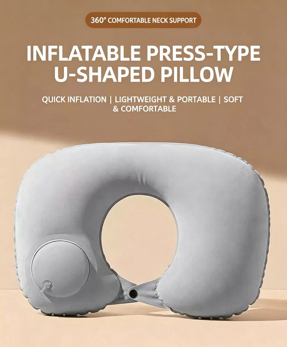 Press Inflatable U‑Shaped Neck Pillow, 85g Ultra‑Light Flocked Travel Pillow